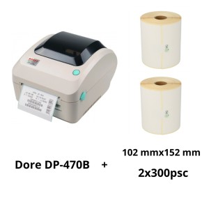 Dore DP-470B DP470B etiķešu printeris + Zebra 800264-605 102х152mm etiketės ritinys Dore analoginė komplektas 2 vienetų